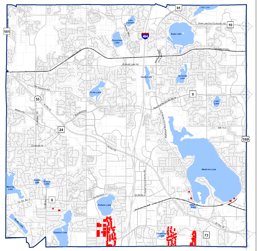 Map of Plymouth showing properties with discriminatory covenants shown in red